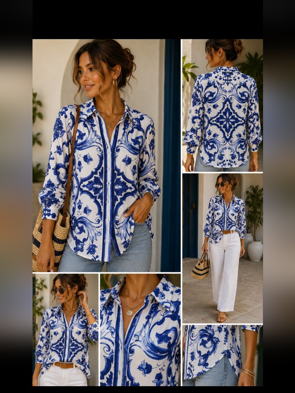 Rachel Zoe Blue White Baroque Tile Print Button Front Blouse XS